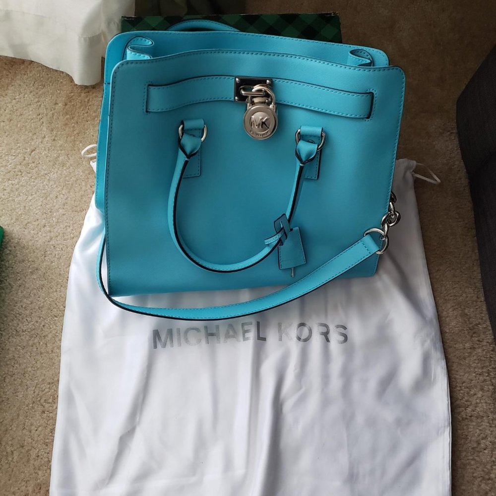 Michael Kors Hamilton Large NS Aqua Saffiano Leather Tote Bag Purse